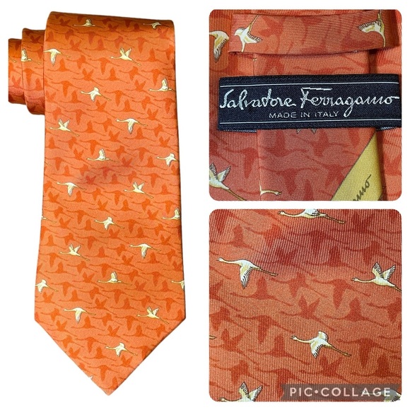 Salvatore Ferragamo Flying Cranes Orange Classic Luxury 100% Silk Tie - Picture 1 of 8